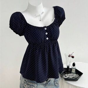 Women’s Navy Polka Dot Puff Sleeve Top